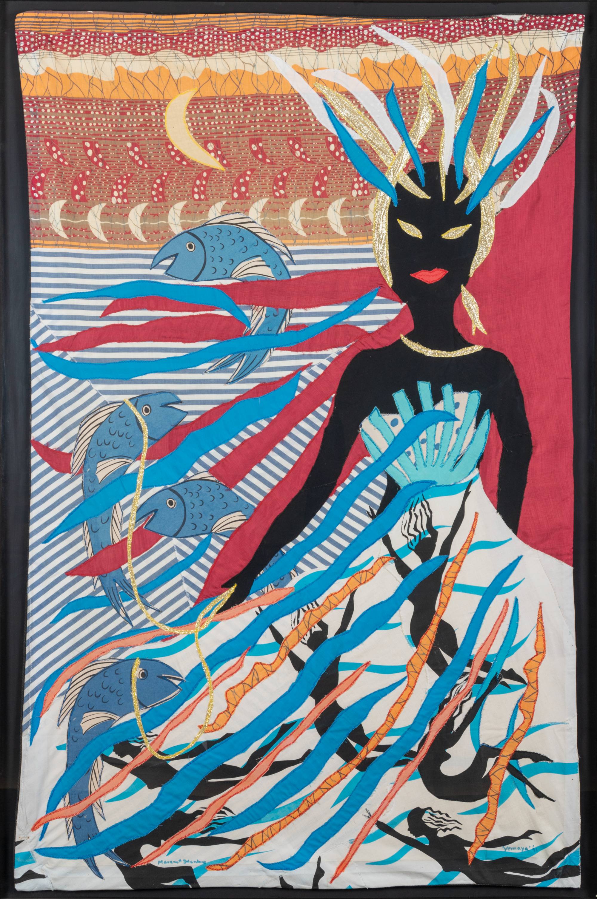 Portrait of a woman surrounded by other figures and fish made out of fabric.